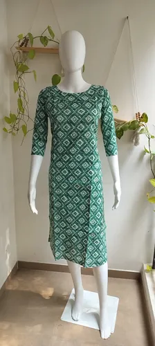 Cotton Side Slit Kurti - Green